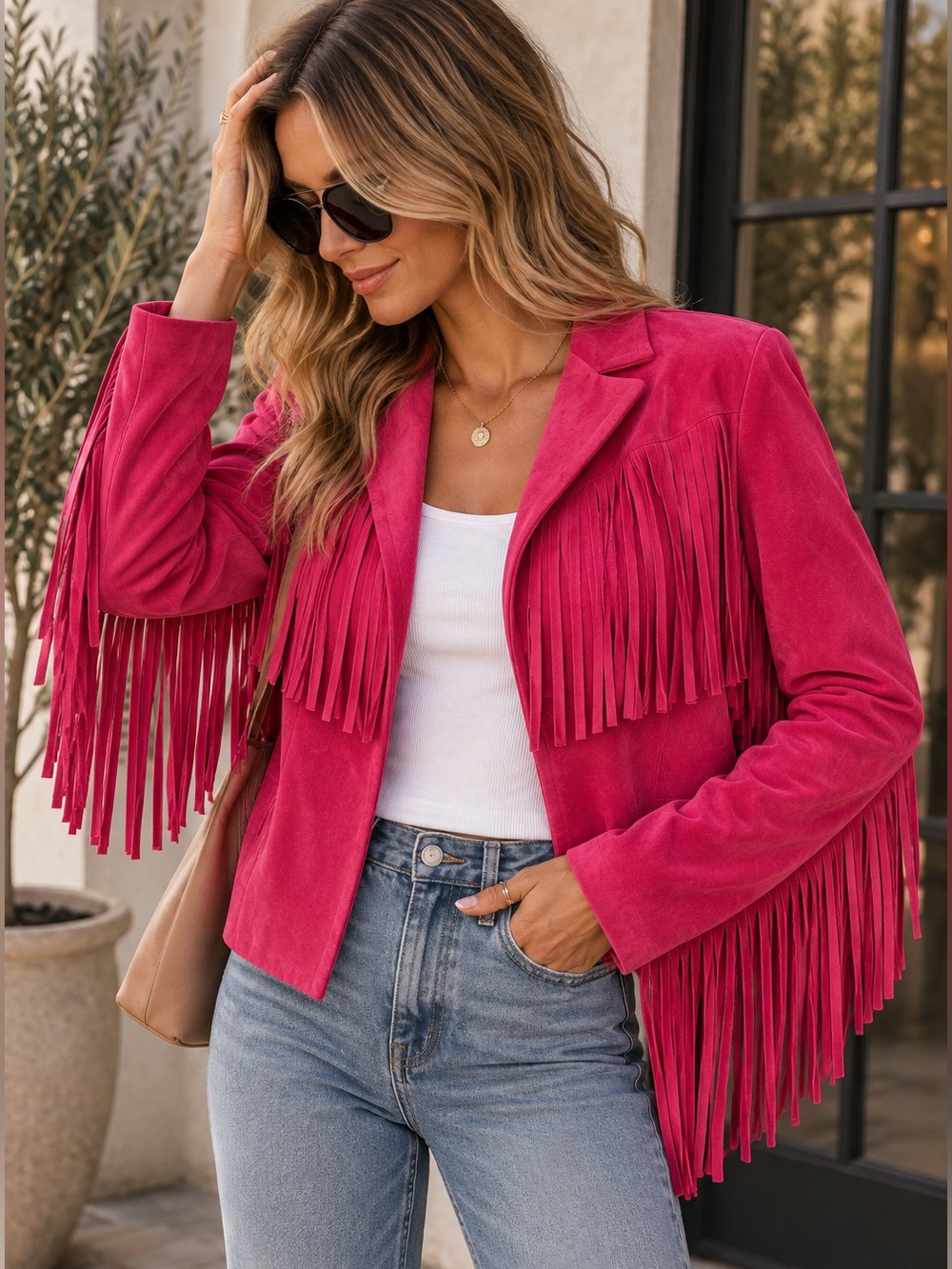 LAST 1 💕 boho cowboy Fringe Trim Open Front Jacket vegan suede hot pink